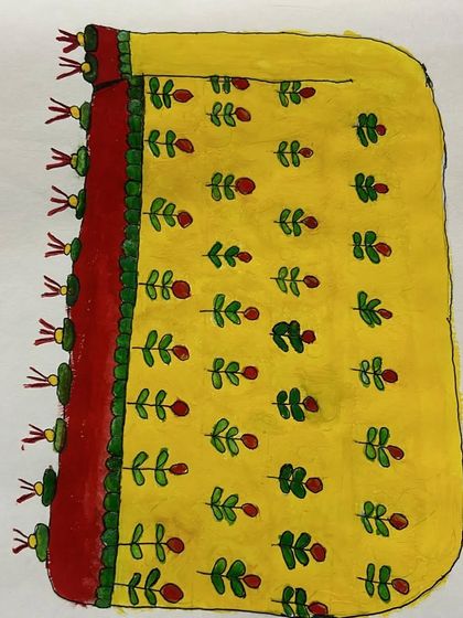 Ananya from 5th standard designed this beautiful saree pattern using watercolors on paper. She has carefully painted the floral motifs and the decorative border.