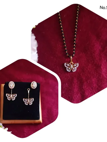This 92.5 silver gold-plated mangalsutra features a beautiful butterfly pendant made of American diamonds. It's a modern and elegant design that combines tradition with contemporary style.