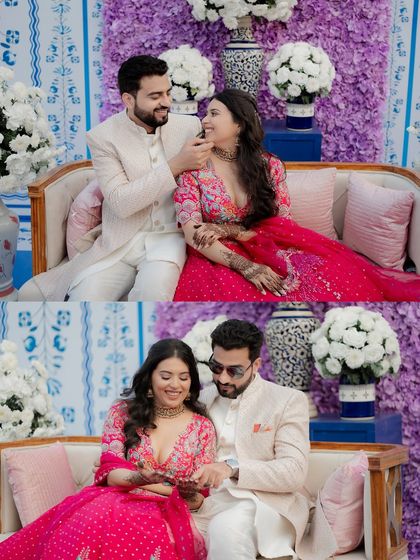 A collage of sweet moments from the Mehendi ceremony. It captures the couple's playful interactions and loving glances against a beautiful floral backdrop.