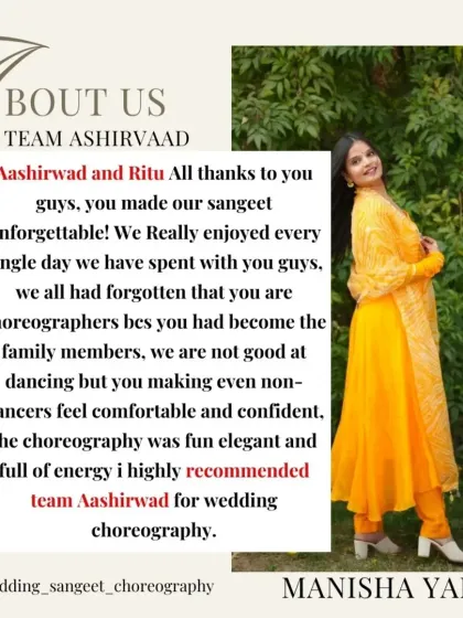 "We all had forgotten that you are choreographers because you had become family members." This is what we strive for. This feedback from our client Manisha highlights our core belief: making the dance process comfortable, fun, and personal for everyone, dancer or not.