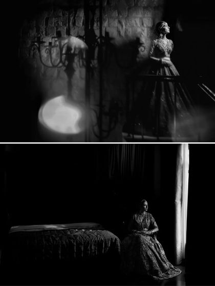 A collage of two dramatic, low-key black and white bridal portraits, using shadows and a single light source for an artistic, gothic effect.
