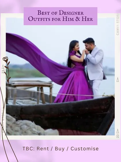 Create movie-like moments with our unique rental outfits. This vibrant purple flying gown adds a splash of color and drama, especially for a romantic pre-wedding shoot on the water. We style both of you to ensure your looks are perfectly in sync.
