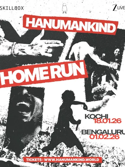 The official announcement poster for the Hanumankind Homerun Tour in Kochi and Bangalore.
