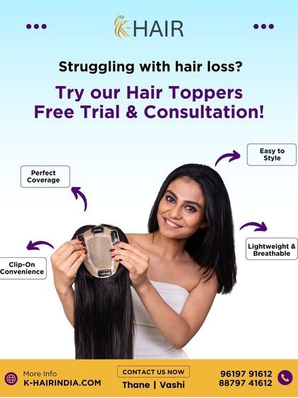 This graphic explains the benefits of our hair toppers: perfect coverage, clip-on convenience, easy styling, and a lightweight, breathable feel. We also offer a free trial and consultation.
