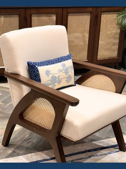 A detail of our Chandigarh-inspired lounge chair, featuring a unique cane inlay on the side. This piece, designed for our collaboration with Gaurang Home, showcases how we blend traditional materials with modern forms to create something new yet timeless.