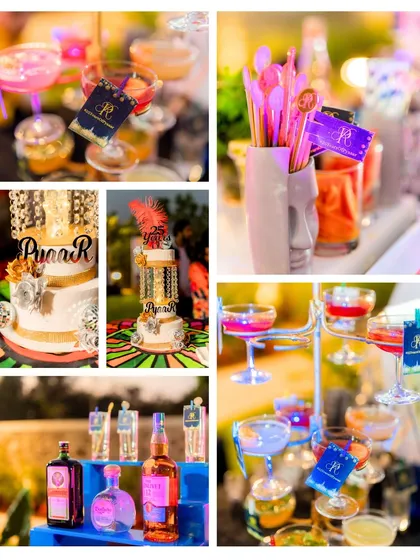 A collage showcasing the details that make our service special: from custom cakes and stirrers to a variety of colorful cocktails and premium spirits.