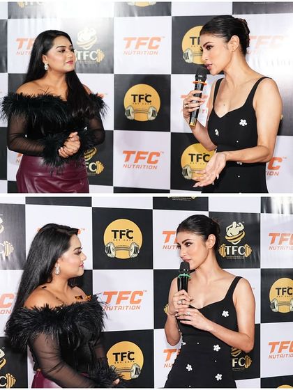 A collage of moments with Mouni Roy. These shots capture the dynamic interaction between a host and a celebrity guest during a media event.