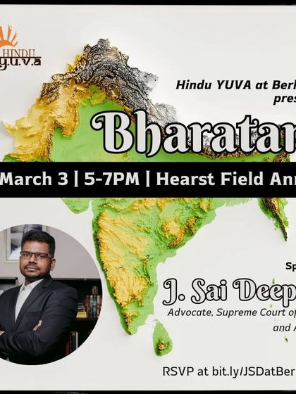 A poster for my "Bharatam" event at UC Berkeley, presented by Hindu YUVA. The map of Bharat visually represents the geographical and cultural scope of our civilization.