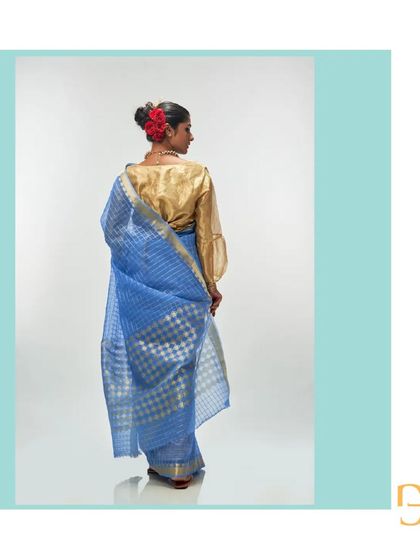 Another back view, highlighting the geometric and floral motifs on the pallu.