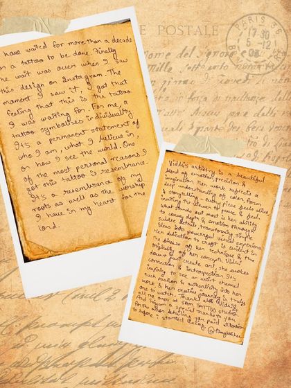 Sahil's handwritten note about waiting a decade for the right tattoo and finding it in Vidhi's art, calling it a permanent statement of his individuality and beliefs.