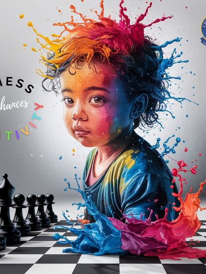 Chess enhances creativity. A child's imagination explodes with color over a chessboard, representing the novel ideas and unique solutions that the game inspires.
