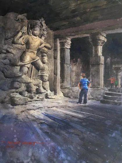 A watercolour painting of the magnificent Elephanta Caves in Mumbai. I aimed to capture the dramatic light and shadow on the ancient Indian sculptures.