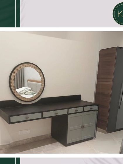 This floating dressing table in a two-tone finish provides a sleek and space-saving solution. Paired with a simple round mirror, it creates a minimalist yet functional vanity area.