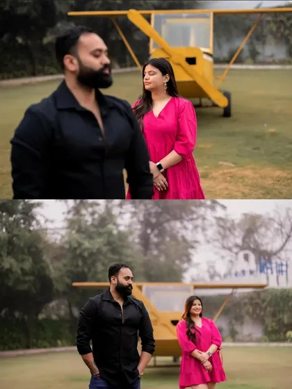 A collage of a couple posing near the yellow airplane, showcasing different angles and moods. This demonstrates the versatility of a single prop for creating a variety of portraits.