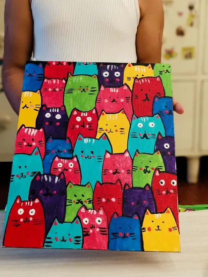 Another fantastic version of our popular cat pattern painting. Each student adds their own flair with different color combinations and expressions.