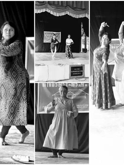 A black and white collage of candid moments from a performance trip, capturing the essence of our journey together.