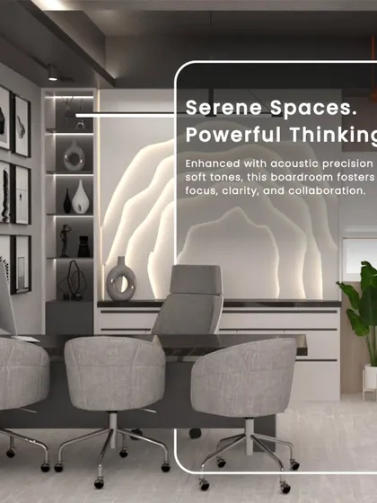 This executive office features a stunning backlit parametric wall, creating a serene yet powerful focal point. The design focuses on acoustic precision and soft tones to foster clarity and collaboration.