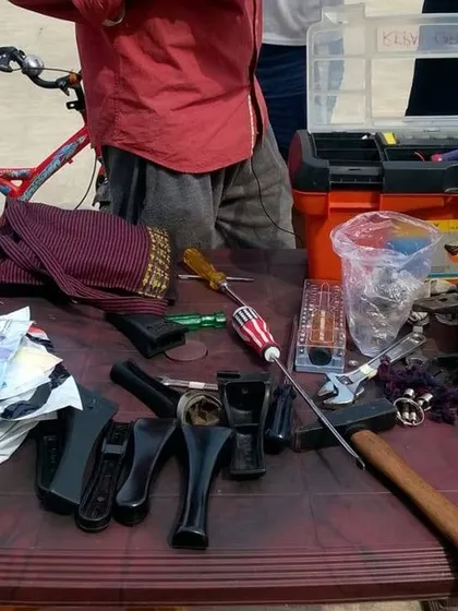 The tools of the trade for a bicycle repair workshop laid out and ready for action. From wrenches and tire levers to lubricants and cleaning supplies, we teach kids what every tool is for and how to use it safely.