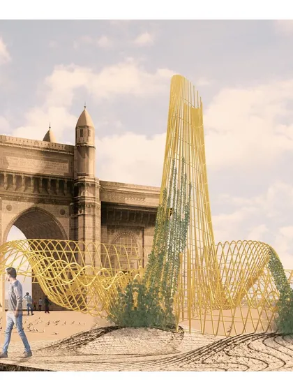 We proposed this interactive wireframe sculpture for a site near the Gateway of India in Mumbai. The design plays with presence and absence, creating a permeable, wave like form that people can walk through and under, experiencing the structure as both an object and a space.