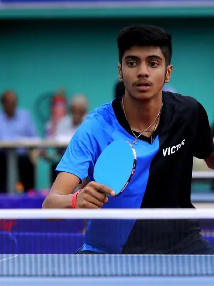 An action shot of Akash K J, who had a splendid performance and became the unbeaten player of the tournament.