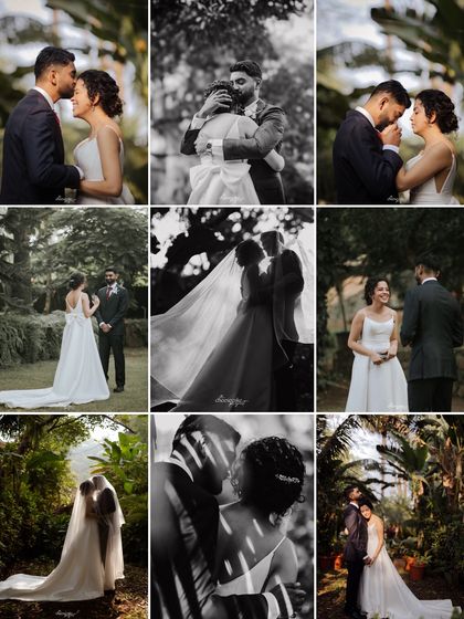 A grid of nine images showcasing the variety of intimate and romantic portraits from a single session.