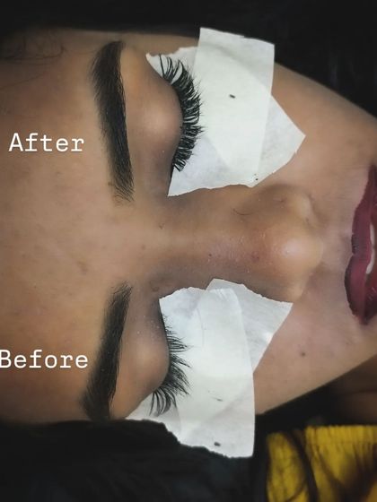A clear before and after comparison of eyelash extensions. You can see how the extensions add significant length and volume, creating a much more dramatic and defined eye look.