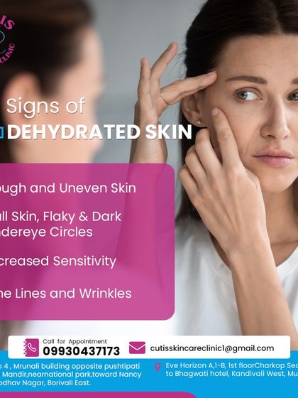 This graphic highlights four key signs of dehydrated skin, including roughness, dullness, increased sensitivity, and fine lines. If you notice these, it is important to focus on hydration both internally and with the right topical products.