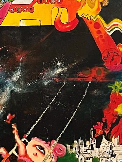 A detail from 'Lemniscate of Music', focusing on the surreal imagery inspired by classic rock album art.