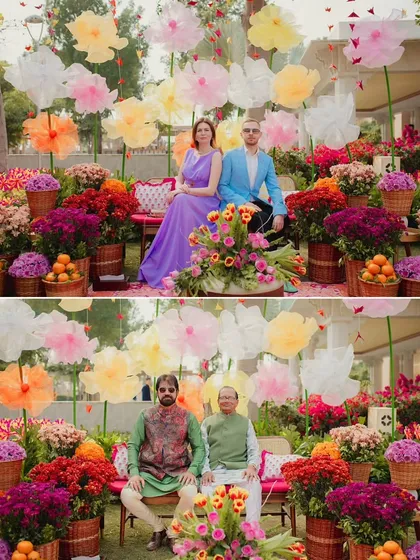 Guests enjoying the vibrant floral photo booth. The sheer number of flowers and the bright colors create an incredibly lush and joyful backdrop for photos.