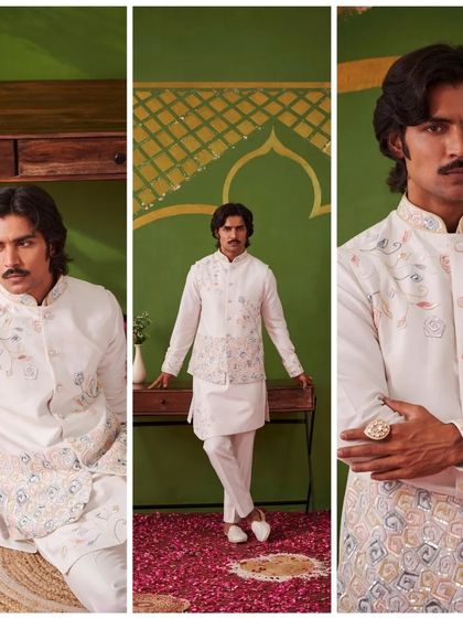 A triptych of a white kurta set with a delicately embroidered waistcoat. This ensemble from the Nazaakat collection is the epitome of grace and understated elegance.