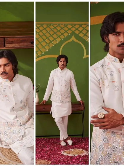 A triptych of a white kurta set with a delicately embroidered waistcoat. This ensemble from the Nazaakat collection is the epitome of grace and understated elegance.