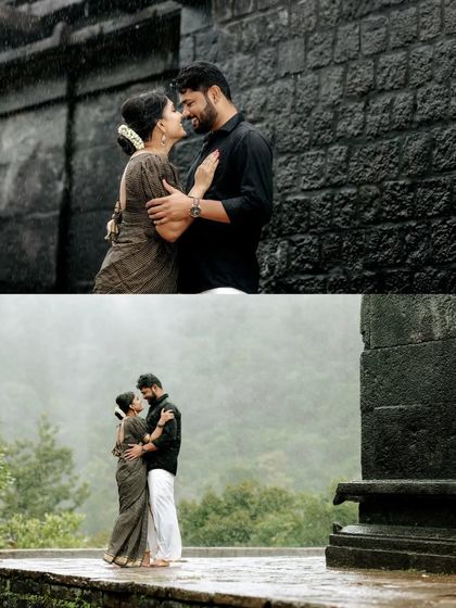 A collage of a couple sharing romantic moments in the rain at a heritage site, creating a moody and beautiful pre-wedding story.