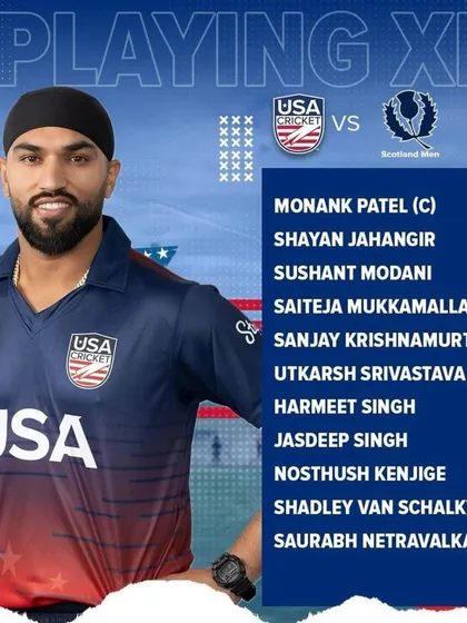 The official playing XI for the USA vs. Scotland ODI World Cup qualifier match, featuring the debut of my trainee, Utkarsh Srivastava. A proud moment for a coach.
