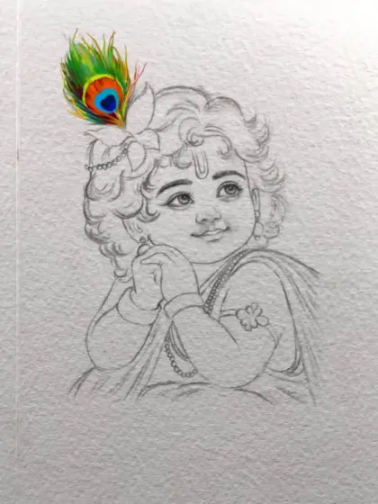 A simple yet expressive pencil sketch of an innocent Baal Krishna. The single colored peacock feather is a digital addition to highlight the focal point of the drawing.