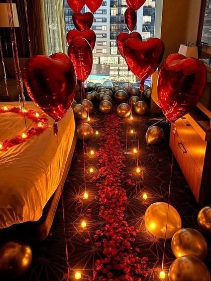 A pathway of rose petals and candles leads to a beautifully decorated room, building anticipation for the big reveal.