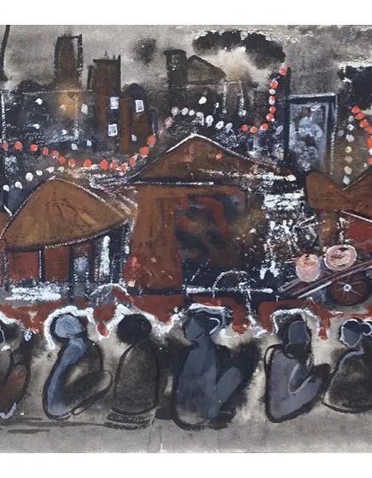 This acrylic on paper by Rekha Rao, titled 'Diwali', was exhibited and published before being offered in our festive sale. It captures the mood of the festival of lights in a contemporary cityscape.