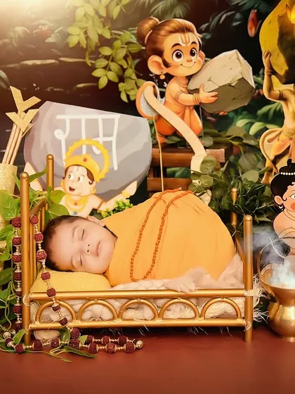 A creative and culturally rich "Jai Shree Ram" themed newborn shoot. This setup features custom props and a vibrant, story-driven background, showing how we can design a session that is deeply personal to your family's faith and traditions.