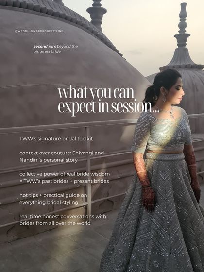 Here is what you can expect in a session with us. You'll get access to our signature bridal toolkit, learn our "context over couture" philosophy, and engage in honest conversations with brides from all over the world.