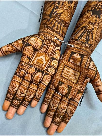 A story of family and love. This bridal design beautifully captures the bride with her parents, the happy couple, and the sacred seven vows, creating a deeply personal and emotional piece of art.