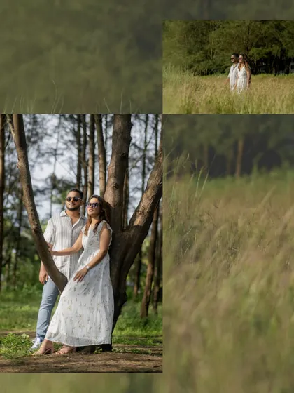 An artistic collage playing with focus and composition. It gives a dreamy, impressionistic feel to their pre-wedding shoot in the woods.
