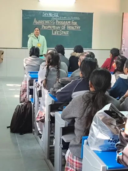 Another view of our instructor addressing the students during the awareness program. Our goal is to make the principles of yoga and healthy living accessible to everyone, starting from a young age.