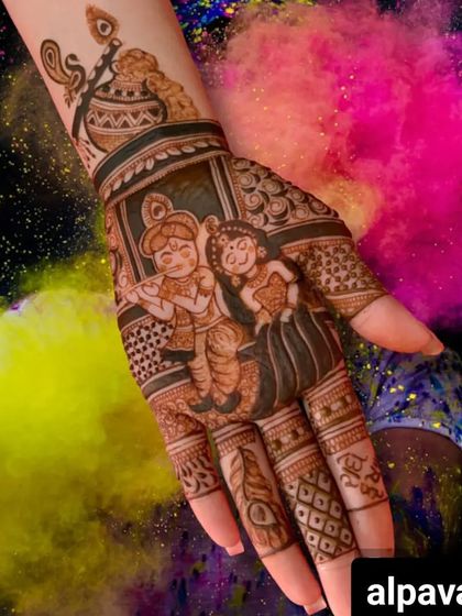 A colorful Holi special design featuring Radha and Krishna against a vibrant backdrop, celebrating the festival of colors.