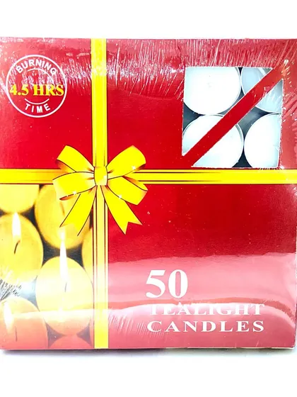 This is the packaging for my pack of 50 tealight candles. As you can see on the box, each candle provides a long, smokeless burn time of approximately 4.5 hours.