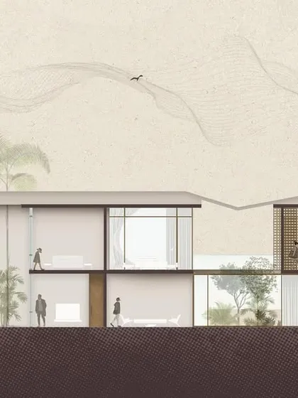 A sectional illustration of the "House of Veils," showing how the different spaces are organized and how internal courtyards bring light into the plan. The artistic style helps to convey the soft, layered quality of the design.