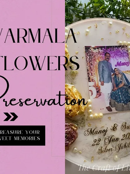 A promotional graphic focused on varmala flower preservation, showing a beautiful finished piece made for a Silver Jubilee anniversary.