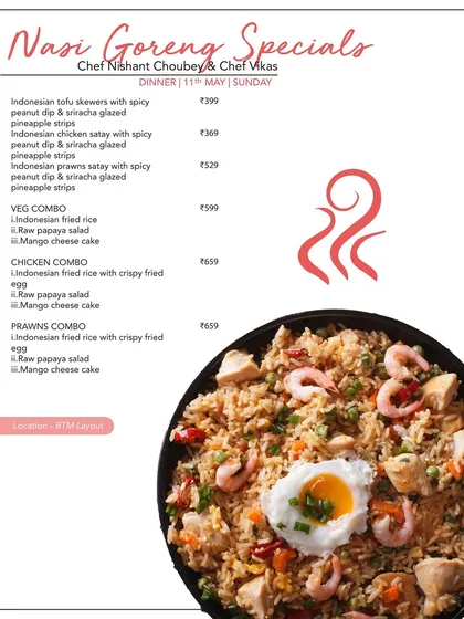 Enjoy our Nasi Goreng specials, a classic Indonesian fried rice dish. This menu offers it in combo options with skewers, raw papaya salad, and mango cheesecake for a complete and delicious meal.