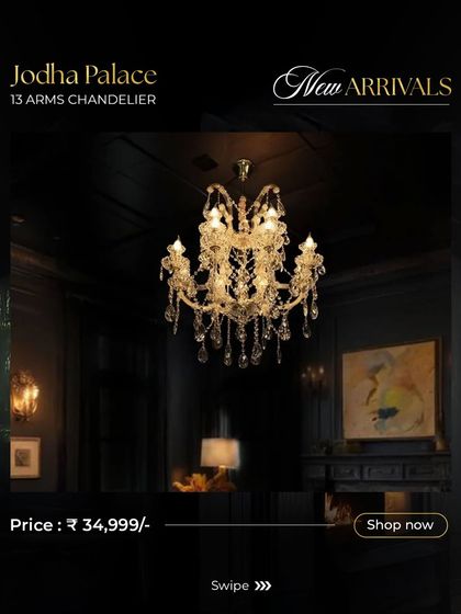 The 13 Arms Jodha Palace Chandelier offers a classic, symmetrical design. Its elegant curves and sparkling crystals add a touch of sophistication to any traditional or transitional interior.