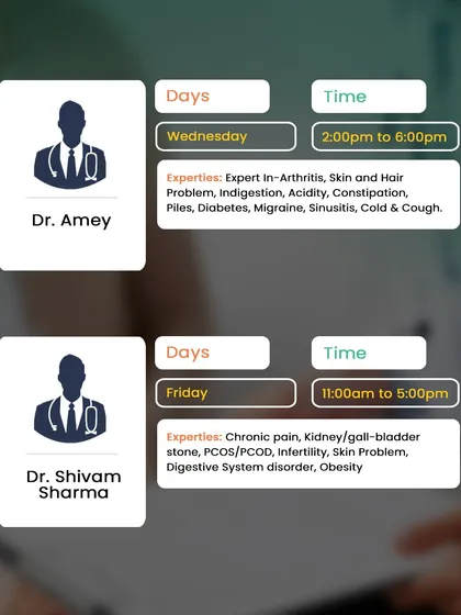 Dr. Amey and Dr. Shivam Sharma are available at our Dadar branch. Their expertise includes arthritis, digestive issues, migraines, chronic pain, and PCOD.