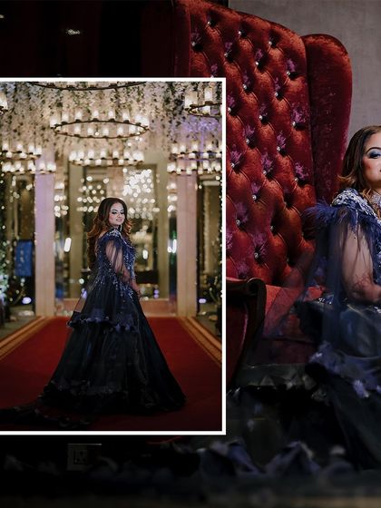 A collage of portraits from Priyanka's engagement, showing off her glamorous blue gown.