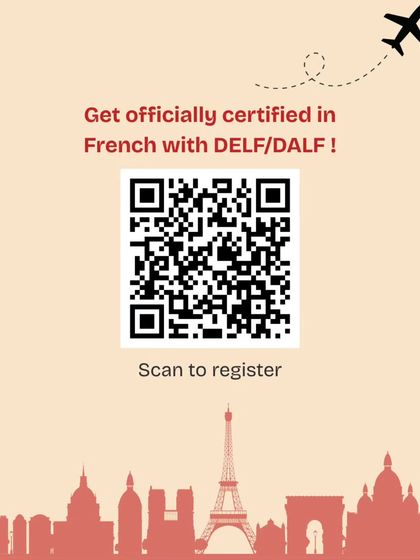 Registering for your DELF/DALF exam is easy. Simply scan the QR code on this graphic to access the registration portal and secure your place for the upcoming session.